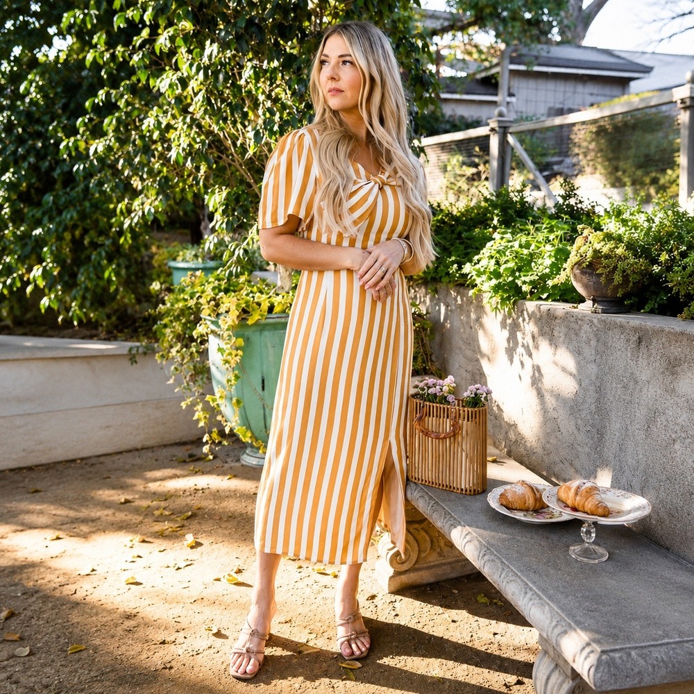 NEW Ivy City Co. Yellow Striped Lucille Midi Dress Side Slit Bow Size 18